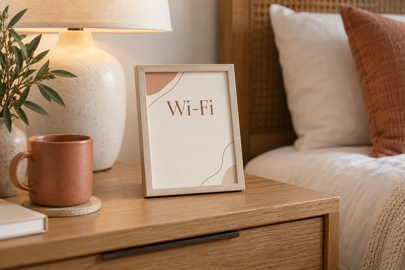 A Wi-Fi welcome sign on a warm guest-room side table