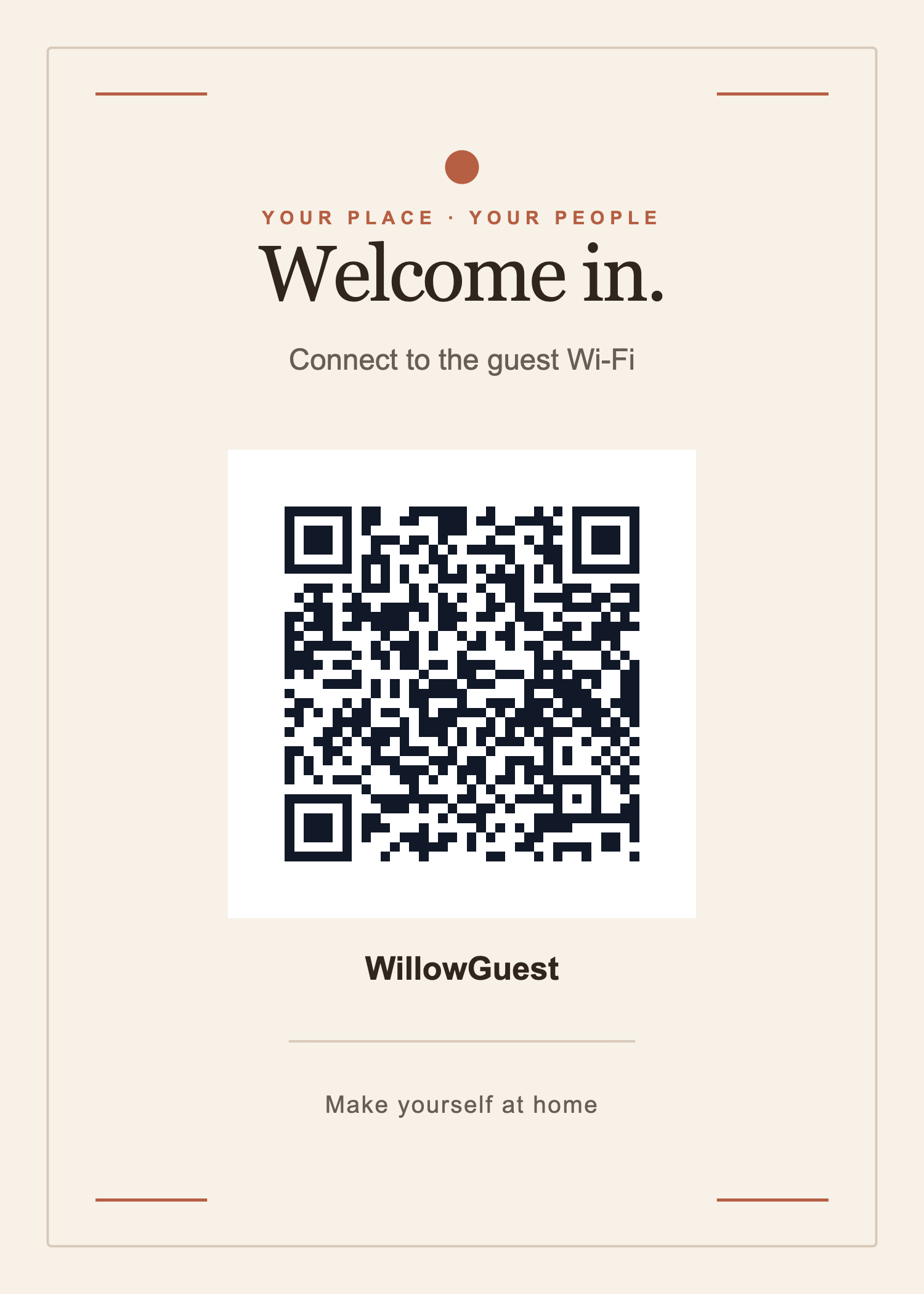 Finished WillowGuest Wi-Fi sign with a scannable QR code